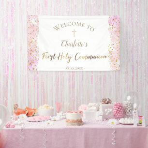 pink watercolor glitter First Communion Banner