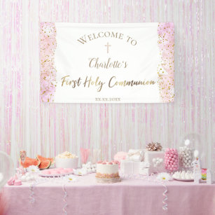 pink watercolor glitter   First Communion  Banner