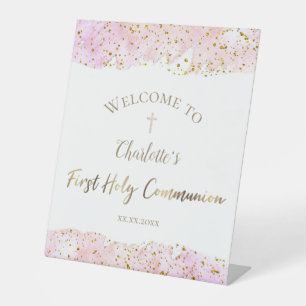pink watercolor glitter First Communion Pedestal Sign