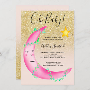 Pink watercolor glitter moon stars baby shower invitation