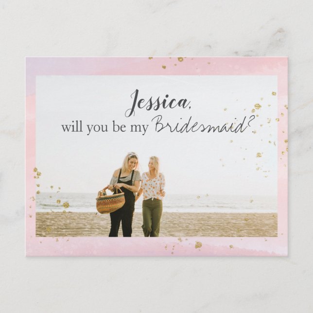 Pink Watercolor Gold Bridesmaid Proposal Photo Holiday Postcard (Front)
