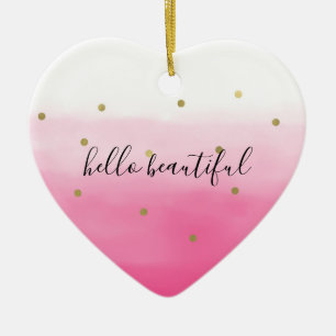Pink Watercolor Gold Confetti Ombre Beautiful Ceramic Ornament
