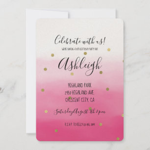 Pink Watercolor Gold Confetti Ombre Birthday Invitation