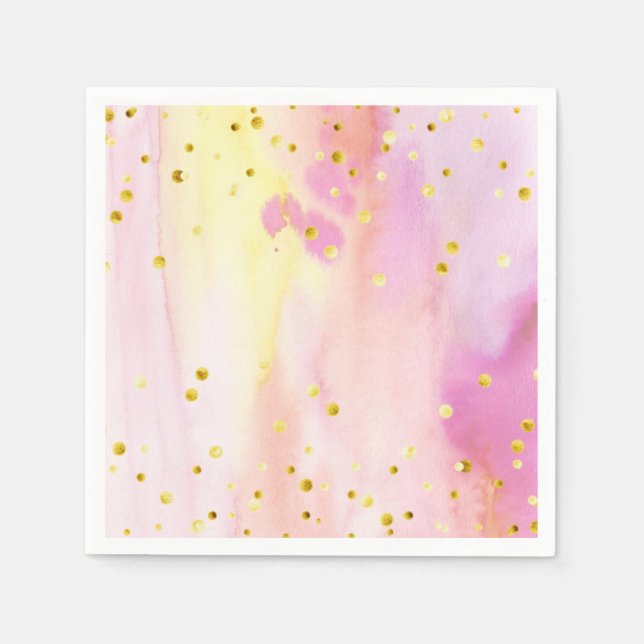 Pink Watercolor Gold Confetti Party Paper Napkins (Front)