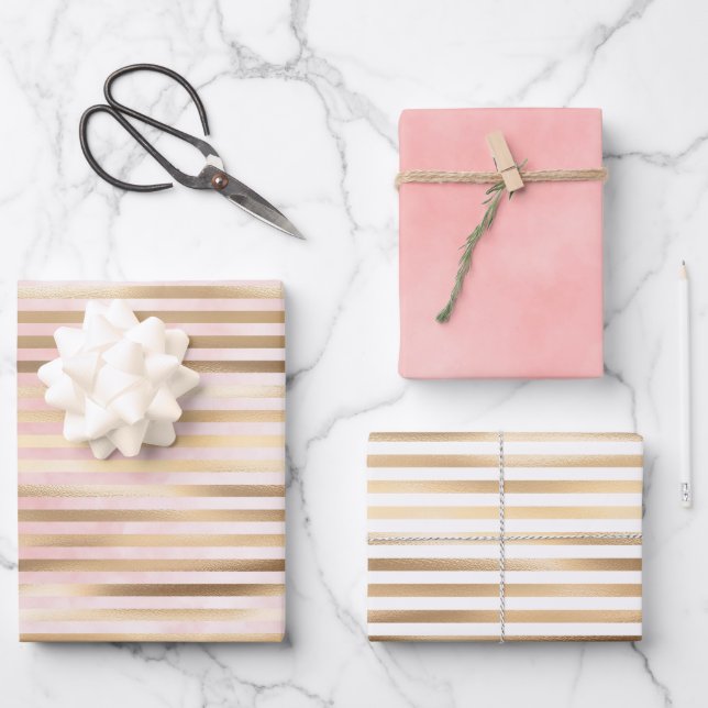 Pink Watercolor Gold Glam Stripes Wrapping Paper Sheet (Front)