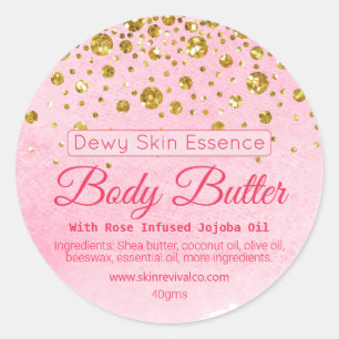 Pink Watercolor Gold Glitter Dew Body Butter Label