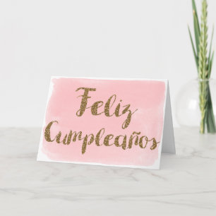 Pink Watercolor Gold Glitter Feliz Cumpleanos Card