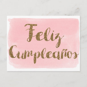 Pink Watercolor Gold Glitter Feliz Cumpleanos Postcard