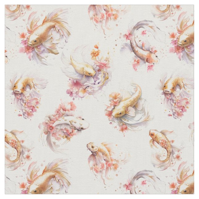 Pink Watercolor Gold Koi Fish Floral Fabric (Close Up)