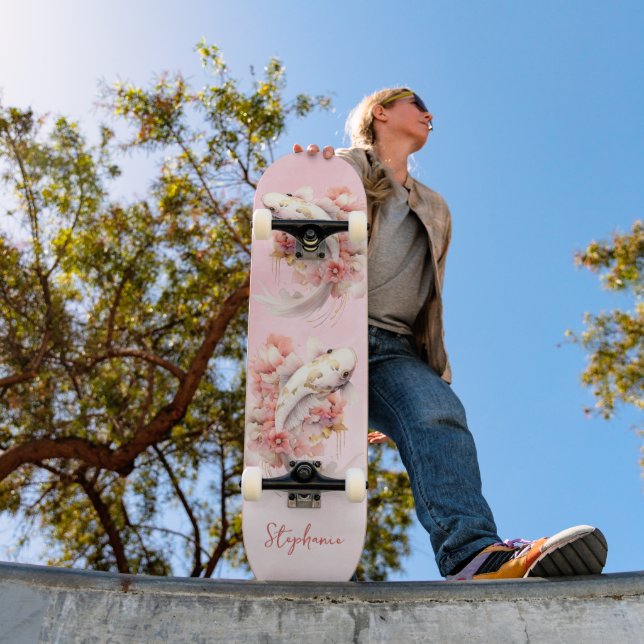Pink Watercolor Gold Koi Fish Floral Personalised Skateboard (Outdoor 1)