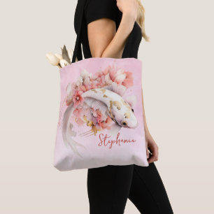 Pink Watercolor Gold Koi Fish Floral Personalised Tote Bag