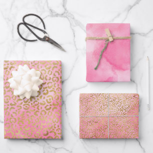 Pink Watercolor Gold Leopard Print    Wrapping Paper Sheet