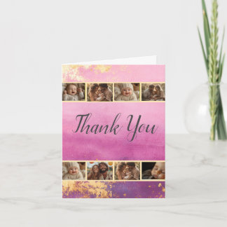 Pink Watercolor & Gold Photo Thank You Card