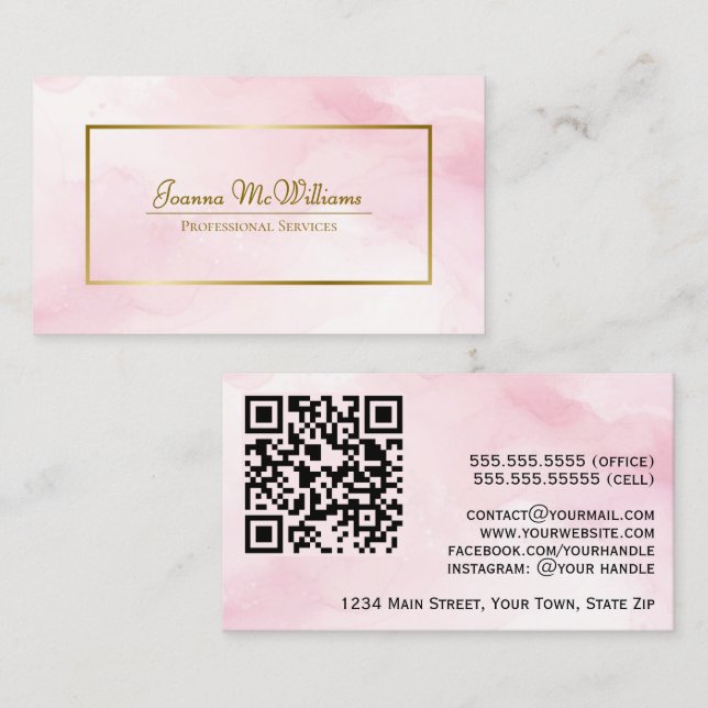 Pink Watercolor & Gold Professional QR Code Business Card (Front/Back)