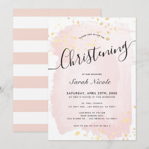 Pink Watercolor Gold Splatters Girl Christening Invitation