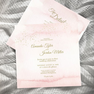 Pink Watercolor Gold Type Square All One Wedding Invitation