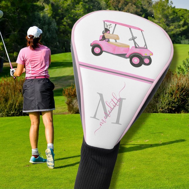 Pink Watercolor Golf Cart Name Monogram Head Cover (Creator Uploaded)