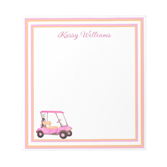 Pink Watercolor Golf Cart Name  Notepad (Front)