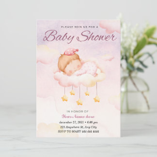 Pink Watercolor Gradient Cute Girl Baby Shower Invitation