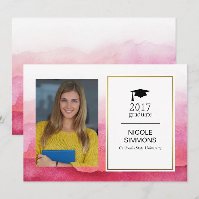 Pink Watercolor Graduate Photo Card (Front/Back)