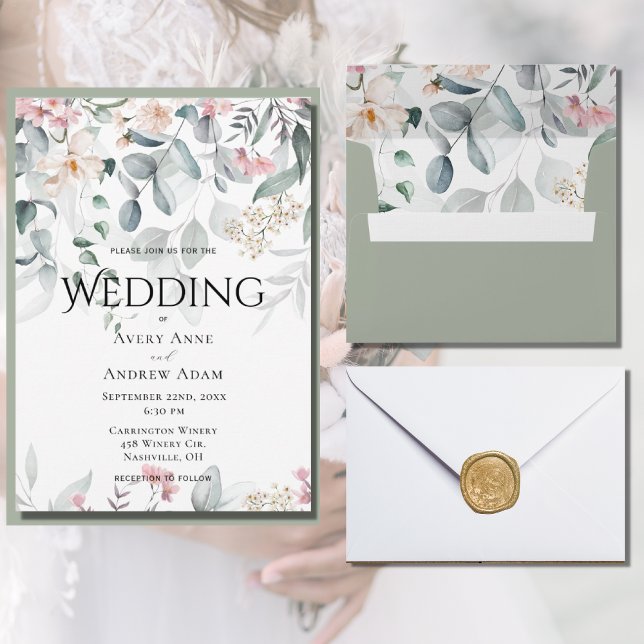 Pink Watercolor Greenery Floral Wedding Invitation (Creator Uploaded)