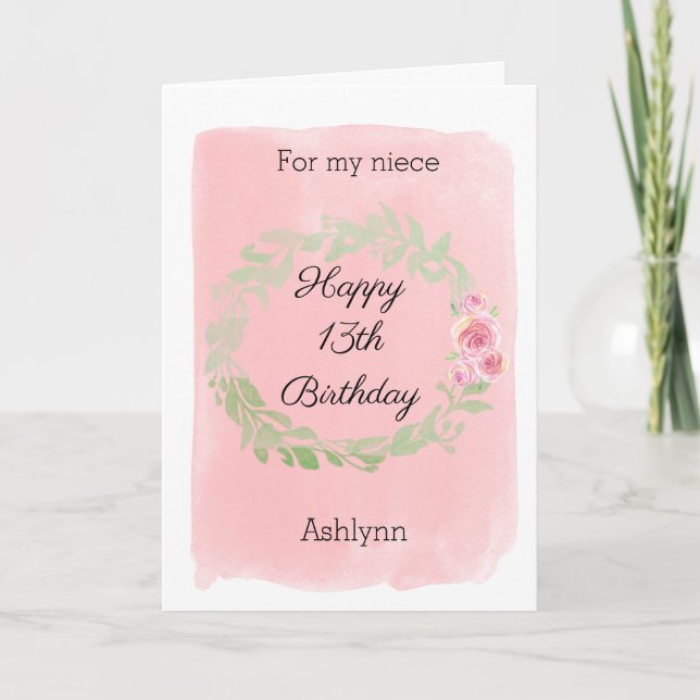 Pink Watercolor Happy 13th Birthday Niece Card (Front)