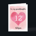 Pink Watercolor Heart 12th Birthday Granddaughter Card<br><div class="desc">A personalised pink 12th birthday card for granddaughter that features watercolor heart against pink watercolor. You can personalise the heart with the age you need and add her name underneath the heart. The inside message can be easily edited if wanted. The back of the card says Happy Birthday, which can...</div>