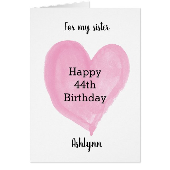 Pink Watercolor Heart 44th Birthday Card (Front)