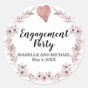 Pink Watercolor Heart and Flower Engagement Party Classic Round Sticker