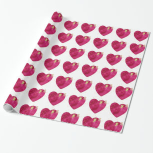 Pink Watercolor Heart & Gold Butterfly Valentine  Wrapping Paper