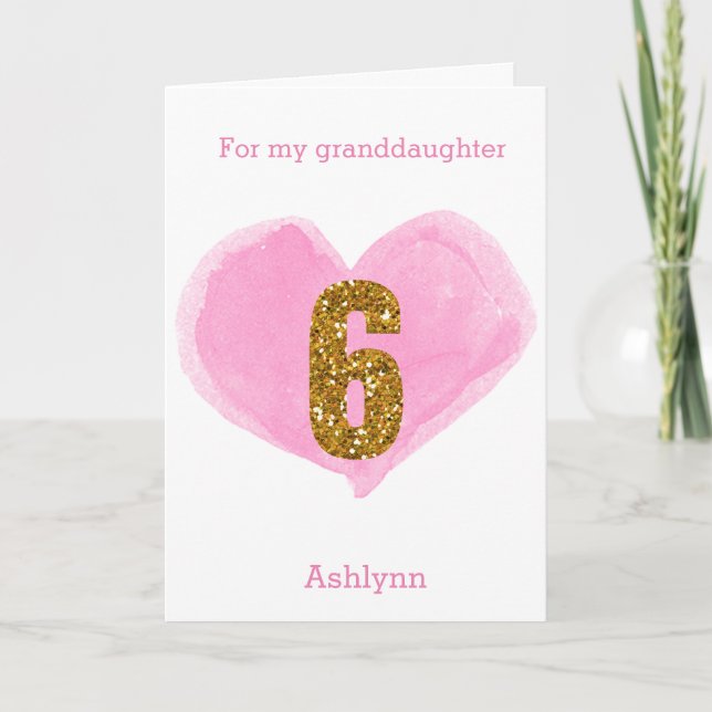 Pink Watercolor Heart Gold Glitter 6th Birthday Card (Front)