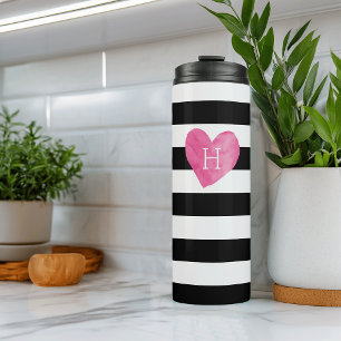 Pink Watercolor Heart Monogram   Striped Thermal Tumbler