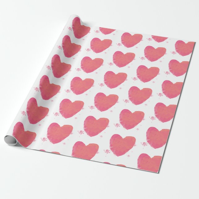 Pink Watercolor Heart Wrapping Paper (Unrolled)
