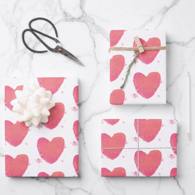 Pink Watercolor Heart Wrapping Paper Sheet (Front)