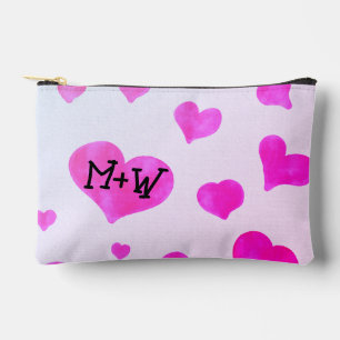Pink watercolor hearts Custom Couple name initials Accessory Pouch