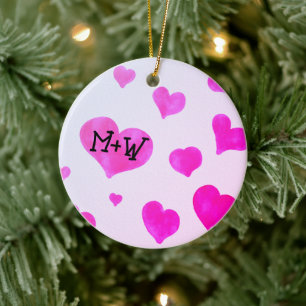 Pink watercolor hearts Custom Couple name initials Ceramic Ornament