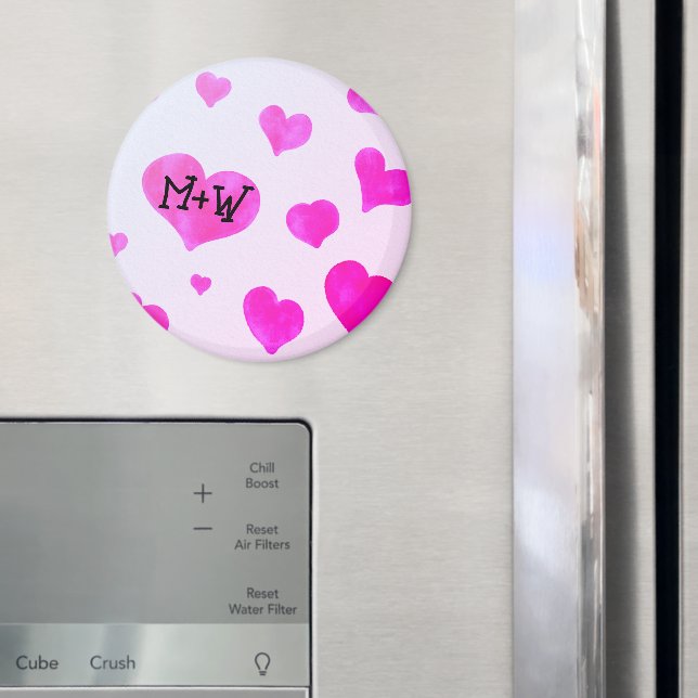 Pink watercolor hearts Custom Couple name initials Magnet (In Situ (Fridge))