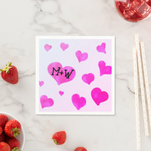 Pink watercolor hearts Custom Couple name initials Napkin