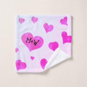 Pink watercolor hearts Custom Couple name initials Wash Cloth