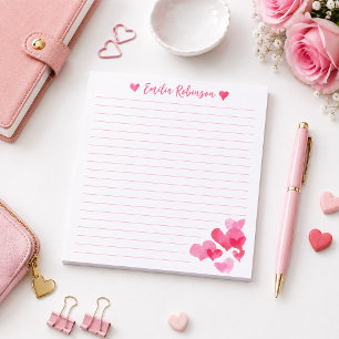 Pink Watercolor Hearts Lined Notepad