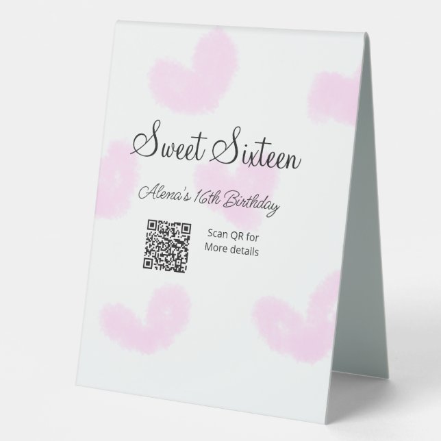 Pink watercolor hearts QR  Sweet sixteen birthday  (Front)