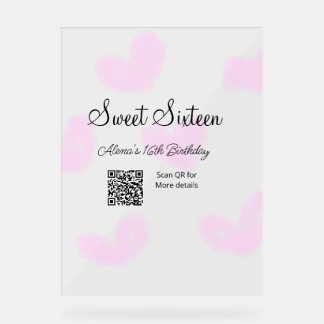 Pink watercolor hearts QR  Sweet sixteen birthday  Acrylic Sign