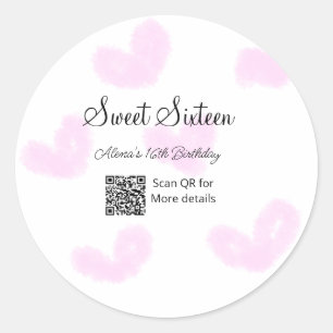 Pink watercolor hearts QR Sweet sixteen birthday Classic Round Sticker