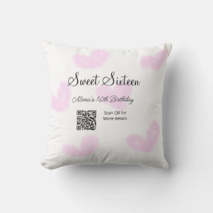 Pink watercolor hearts QR Sweet sixteen birthday Cushion
