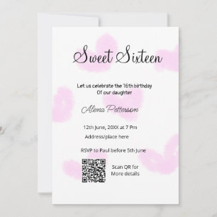 Pink watercolor hearts QR  Sweet sixteen birthday  Invitation