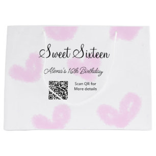 Pink watercolor hearts QR Sweet sixteen birthday Large Gift Bag