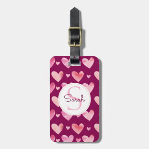 Pink Watercolor Hearts Valentines & Monogram Luggage Tag