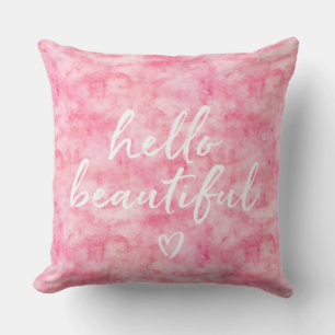 Pink Watercolor Hello Beautiful Heart Cushion