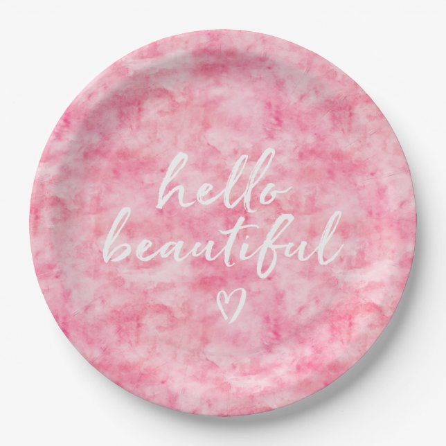 Pink Watercolor Hello Beautiful Heart Paper Plate (Front)