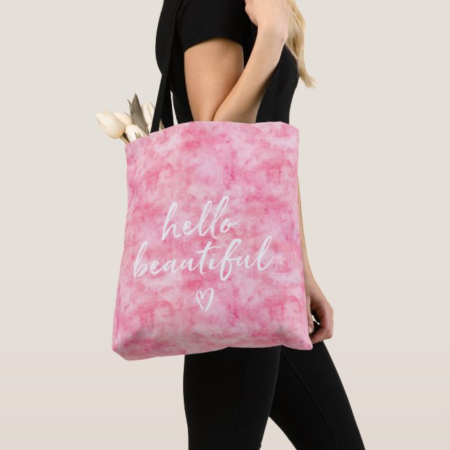 Pink Watercolor Hello Beautiful Tote Bag (Close Up)